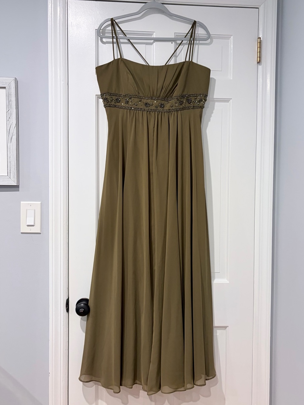 David's Bridal Olive Beaded Empire Waist Chiffon Midi Dress